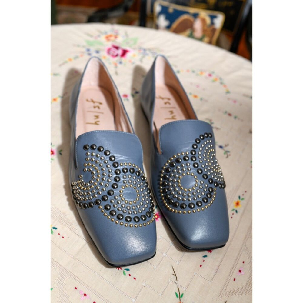 FS/NY French Sole/NY Elektra Grey Leather Studded Loafer Flats 9M